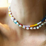 Crystal Beads Bohemian Choker Necklace with Freshwater Pearl Pendant