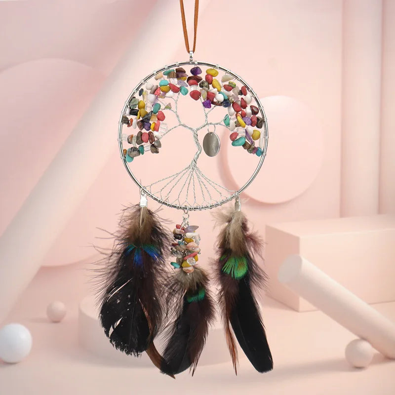 Crystal Gravel Life Tree Hanging Ornament with Feather Tassel