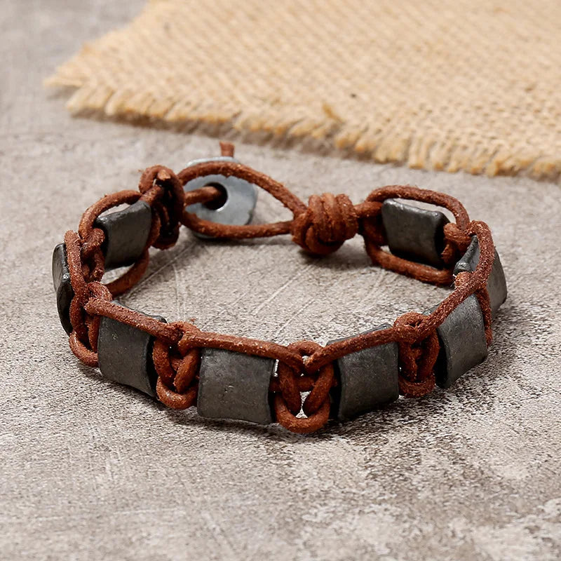 Handwoven Leather Bracelet Cowhide Rope+Metal Beads Men's Jewelry