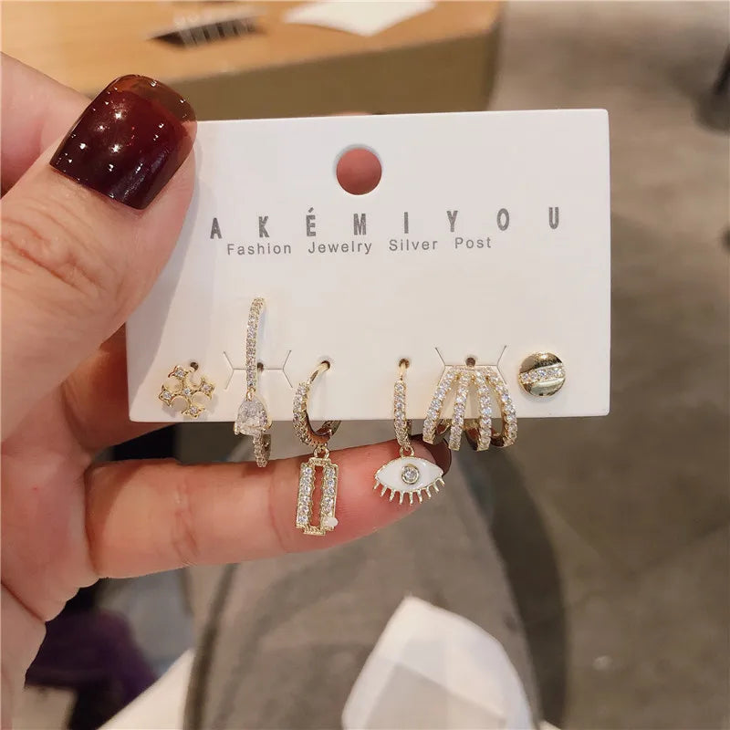 Geometric Cross Star Moon Unicorn Rhinestone Earrings Set