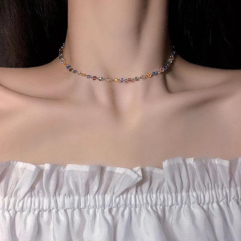 Japan Korea Colorful Crystal Square Beaded Necklace Short Choker