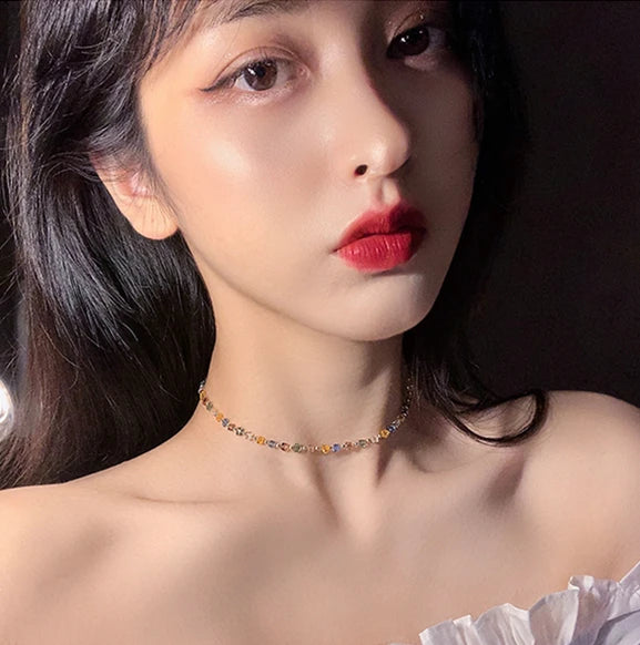 Japan Korea Colorful Crystal Square Beaded Necklace Short Choker