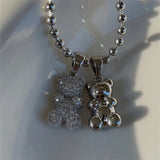 Metal Crystal Bears Silver Pendant Choker Necklace for Women Girls