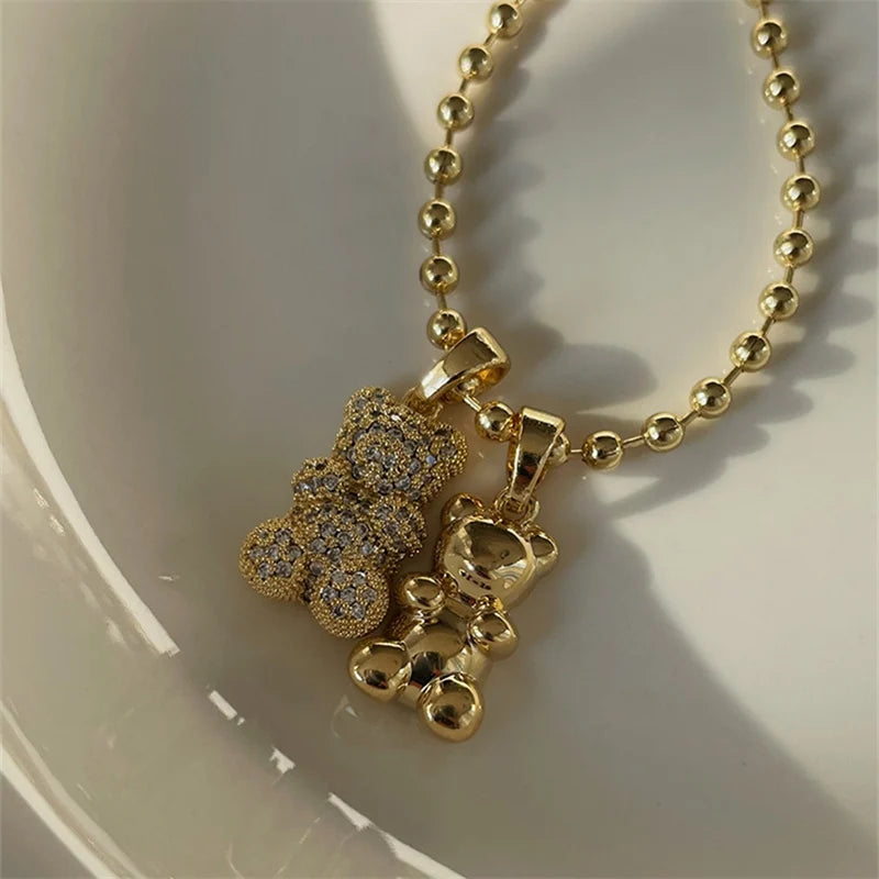 Metal Crystal Bears Silver Pendant Choker Necklace for Women Girls