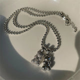Metal Crystal Bears Silver Pendant Choker Necklace for Women Girls