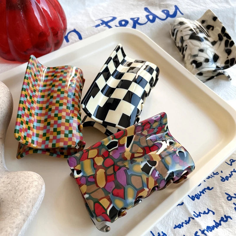 Colorful Checkered Lattice Acrylic Hair Claw Clips for Women
