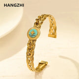 Stainless Steel Natural Stone Geometric Bangle for Women