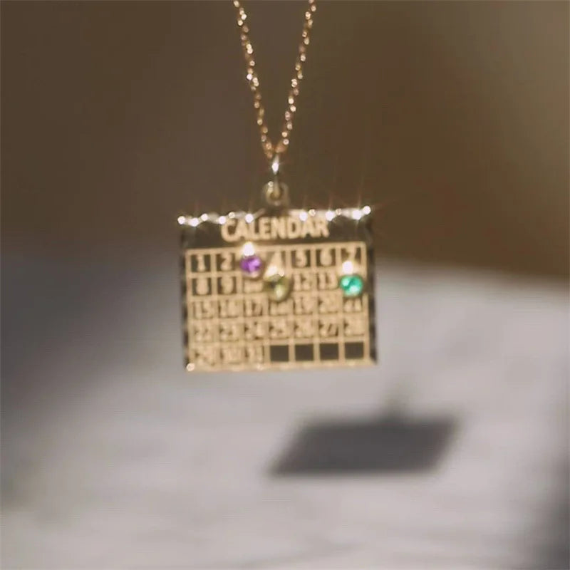Purple Rhinestone Calendar Pendant Necklace Vintage Jewelry