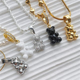 Metal Bear Zircon Crystal Smiley Pendant Necklace Silver