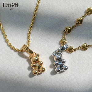 Metal Bear Zircon Crystal Smiley Pendant Necklace Silver