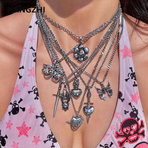 Punk Stainless Steel Butterfly Skull Flower Sword Pendant Necklace