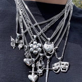 Punk Stainless Steel Butterfly Skull Flower Sword Pendant Necklace