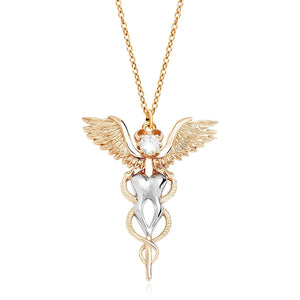 Caduceus Tooth Pendant Necklace Medical Snake Scepter Crystal Dental Jewelry