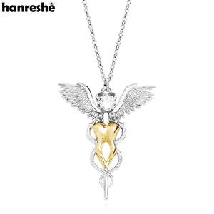 Caduceus Tooth Pendant Necklace Medical Snake Scepter Crystal Dental Jewelry