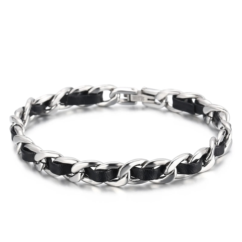 Cuban Chain Bracelet Men Women Leather Cuff Jewelry