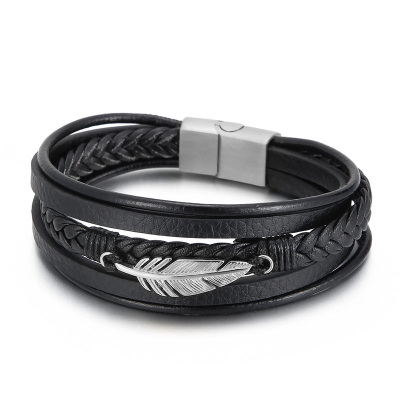Feather Leather Bracelet For Men Multilayer Chain