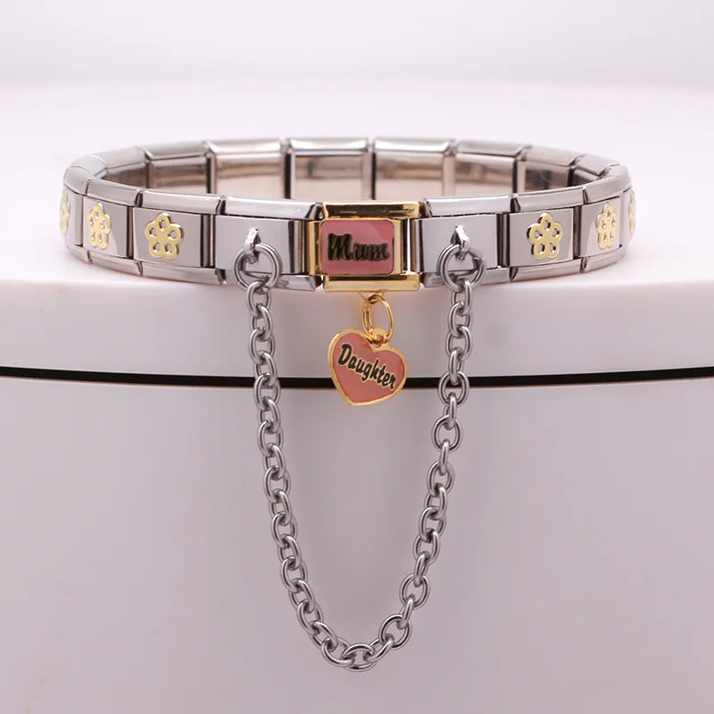 Stainless Steel Bracelet 9mm Mum Daughter Links Chain Heart Butterfly