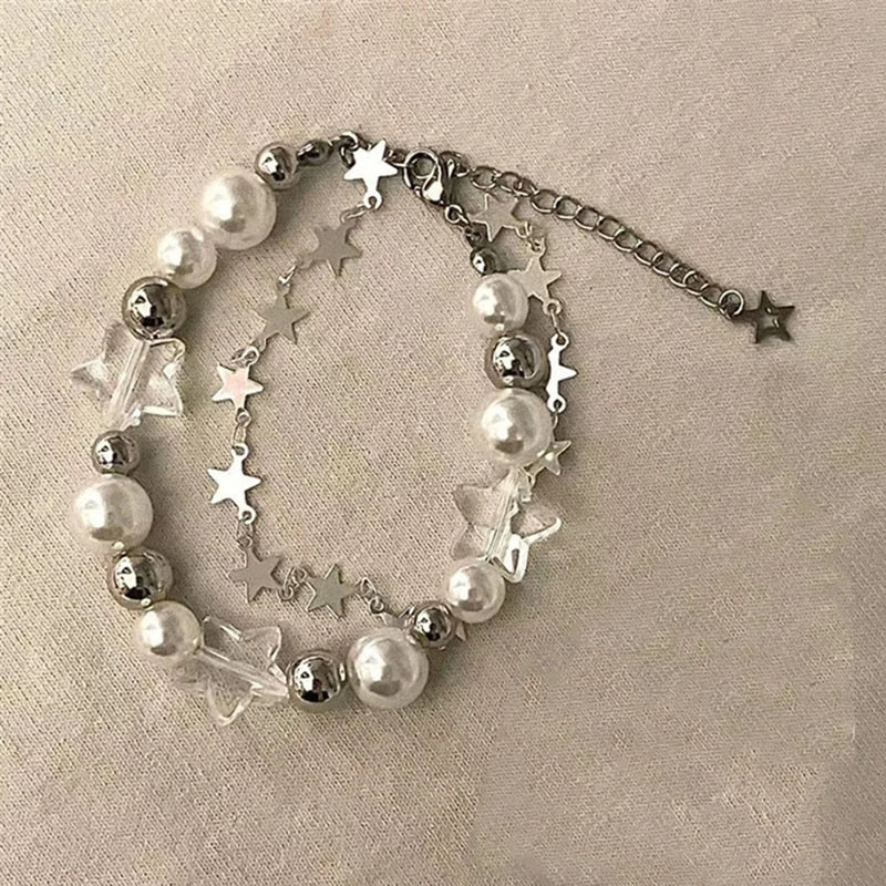 Harajuku Crystal Star Pentagram Pearl Beaded Bracelet For Women