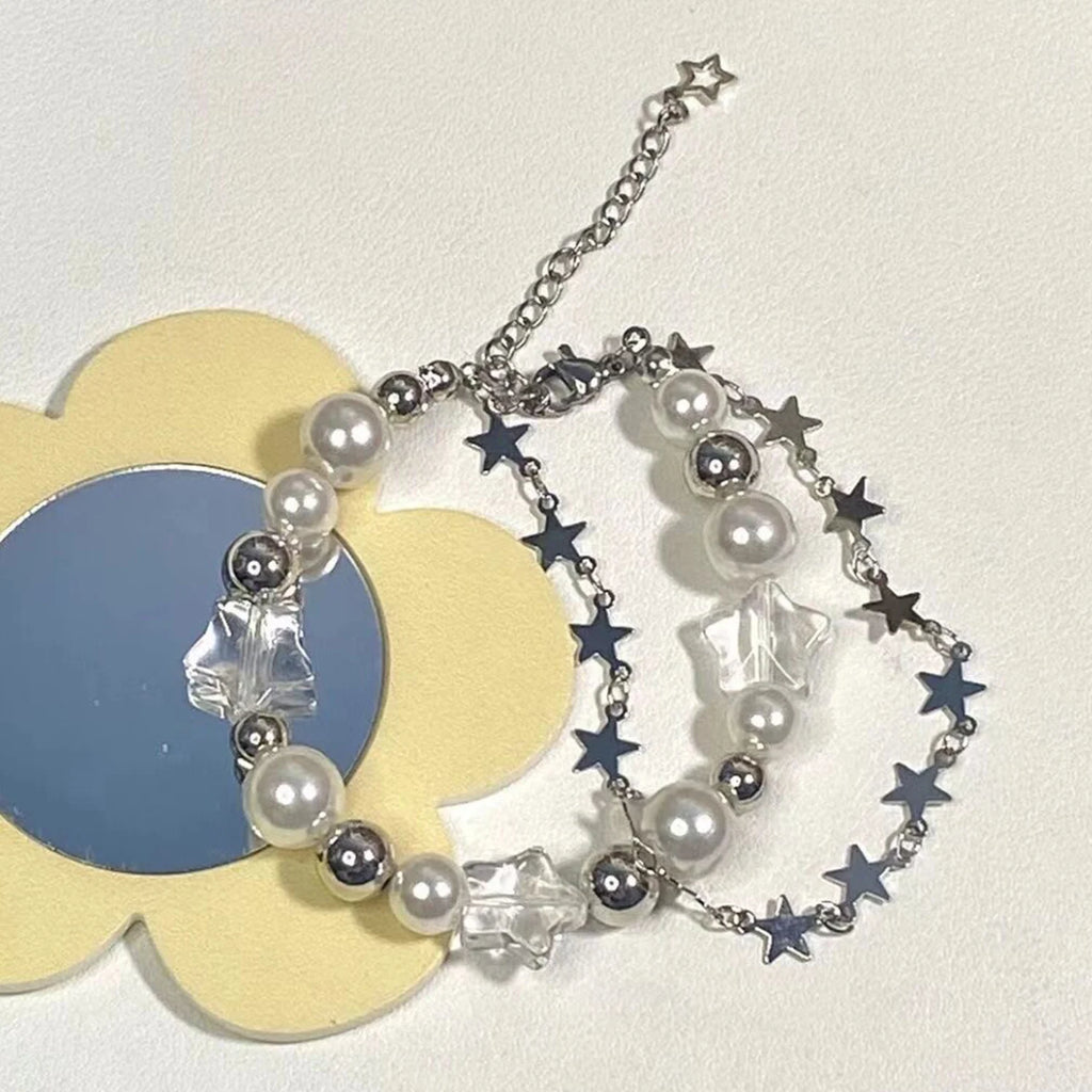 Harajuku Crystal Star Pentagram Pearl Beaded Bracelet For Women
