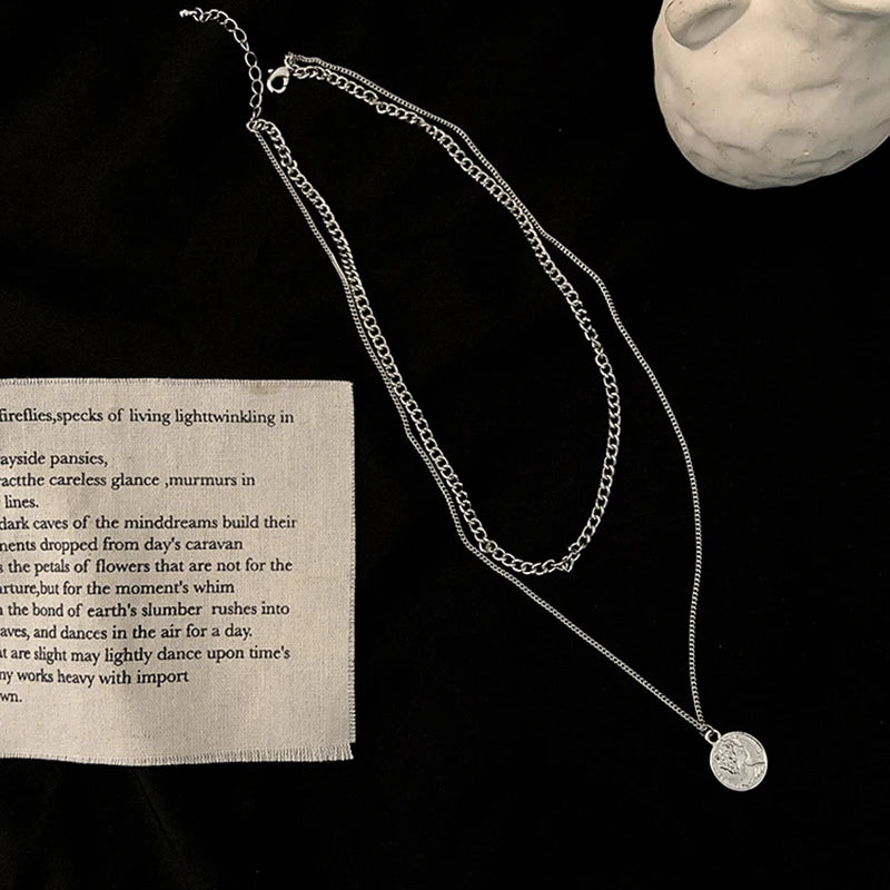 Harajuku Layered Necklace Stainless Steel Punk Cuban Coin Pendant Choker