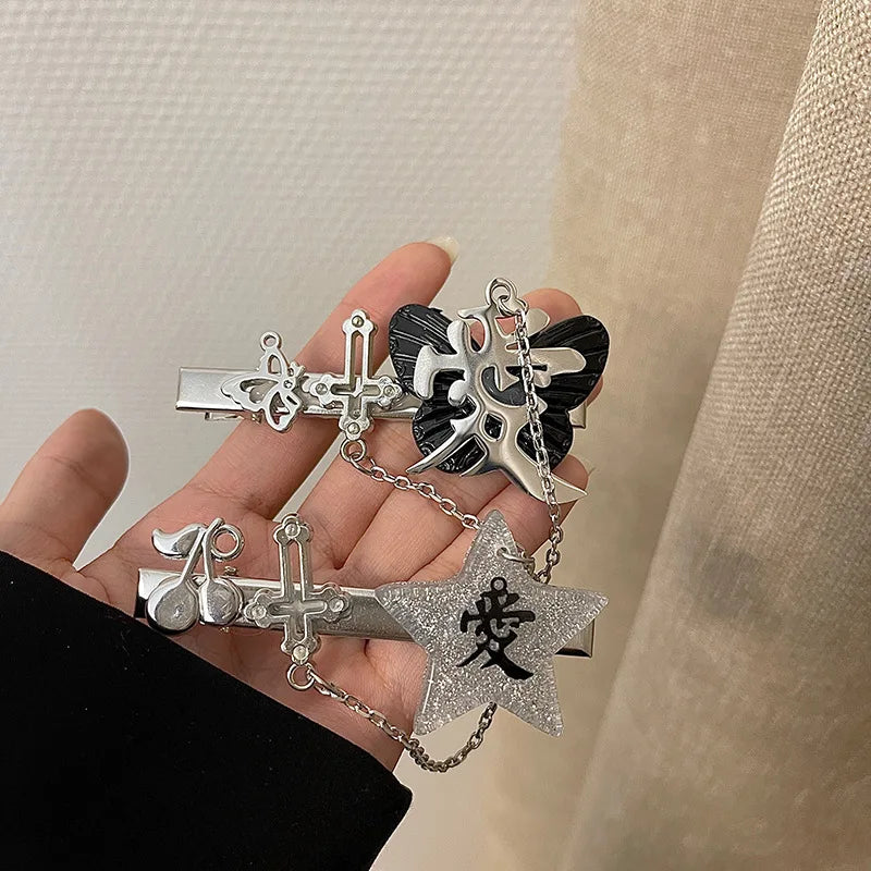 Harajuku Metal Cherry Pentagram Chain Hairpin Punk Butterfly Cross Hair Clips