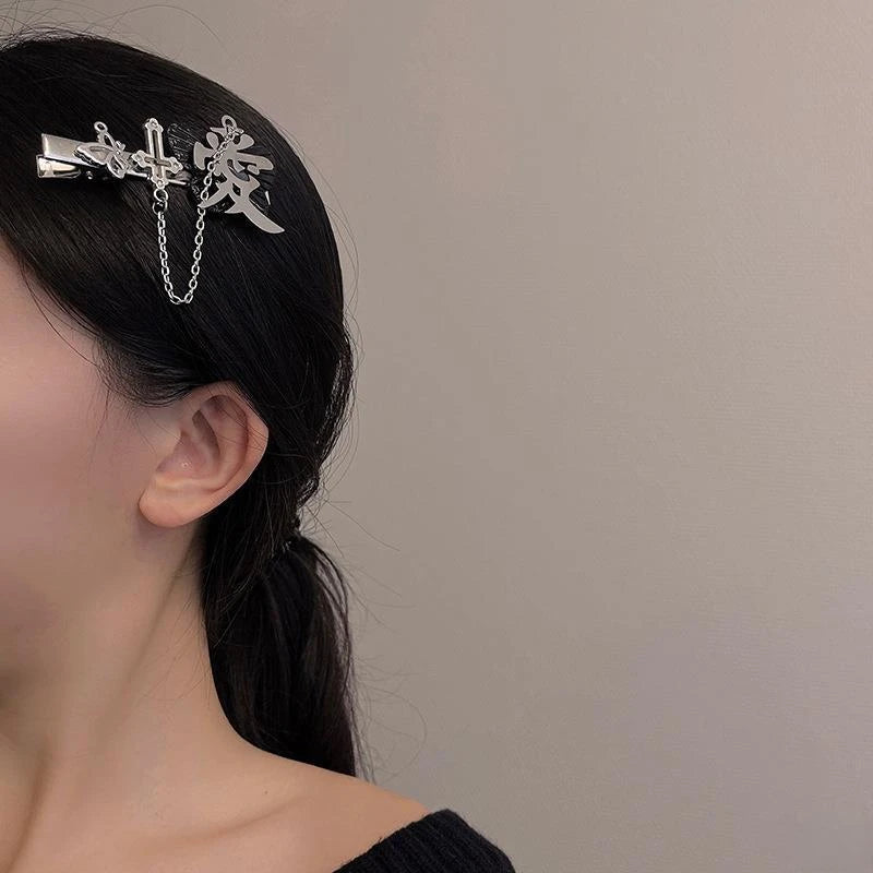 Harajuku Metal Cherry Pentagram Chain Hairpin Punk Butterfly Cross Hair Clips