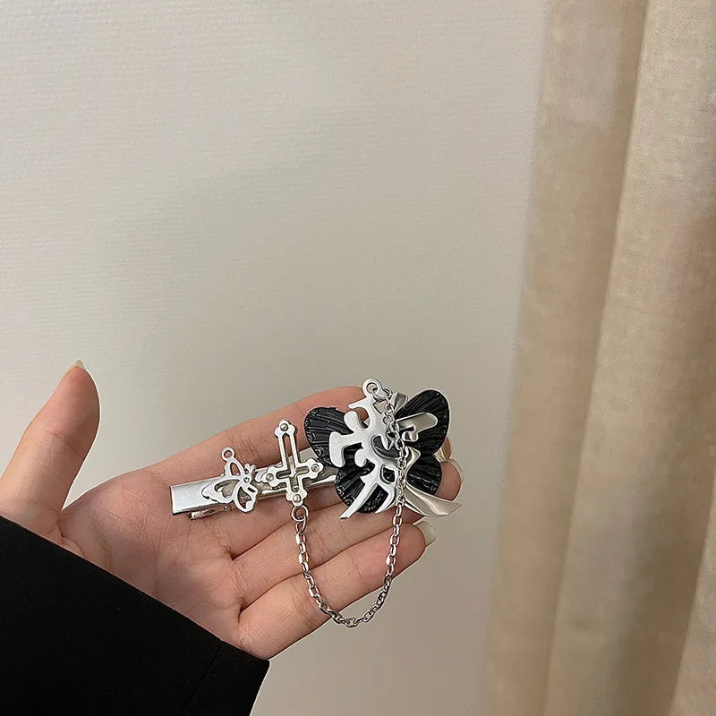Harajuku Metal Cherry Pentagram Chain Hairpin Punk Butterfly Cross Hair Clips