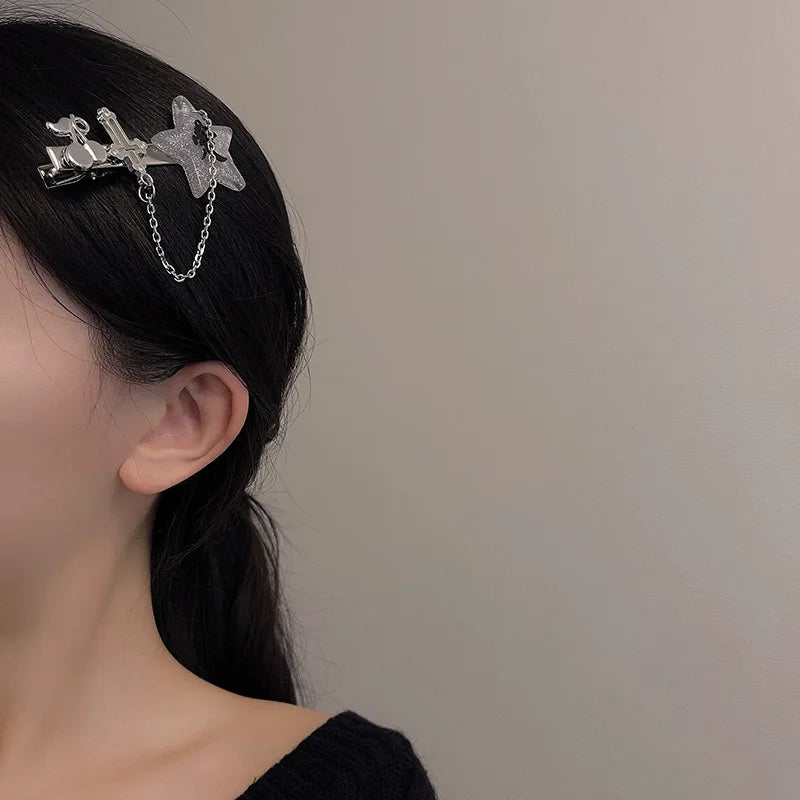 Harajuku Metal Cherry Pentagram Chain Hairpin Punk Butterfly Cross Hair Clips