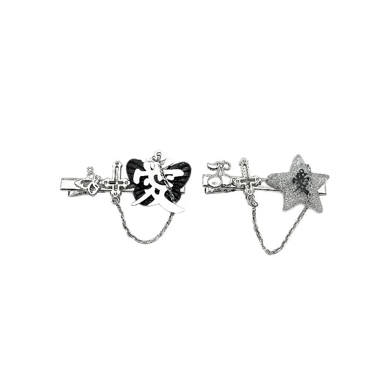 Harajuku Metal Cherry Pentagram Chain Hairpin Punk Butterfly Cross Hair Clips