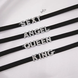 Harajuku Rhinestone Letter Choker Necklace Goth Velvet Leather Collar
