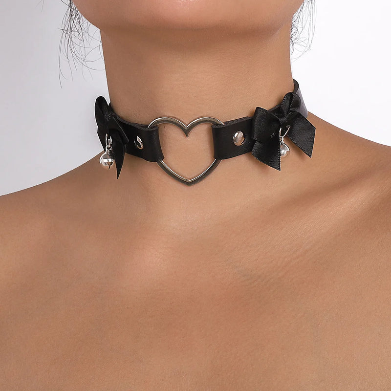 Harajuku Style Love Collar Leather Bow Bell Neck Chain Choker Necklace