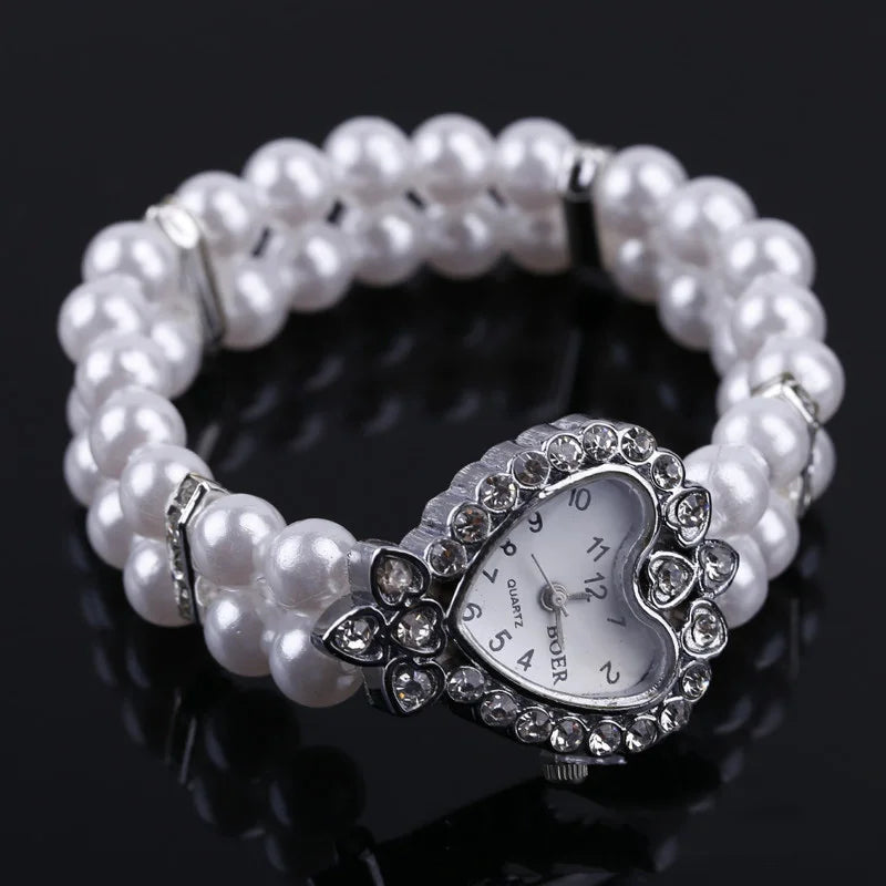 Harajuku Y2K Double Row Heart Pearl Bracelet Watch