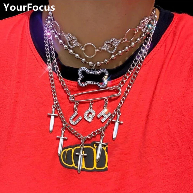 Harajuku Punk Rok Stainless Steel Choker Dog Tag Necklace