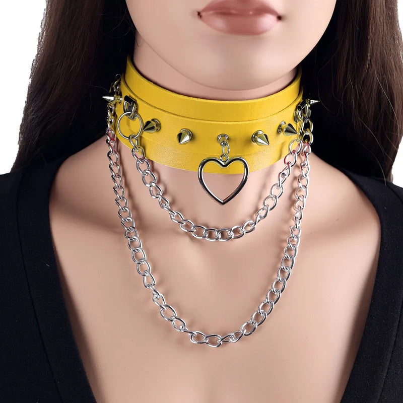 Female Chain Leather Belt Pendant Heart Jewelry Goth Punk Spike Rivets Necklace