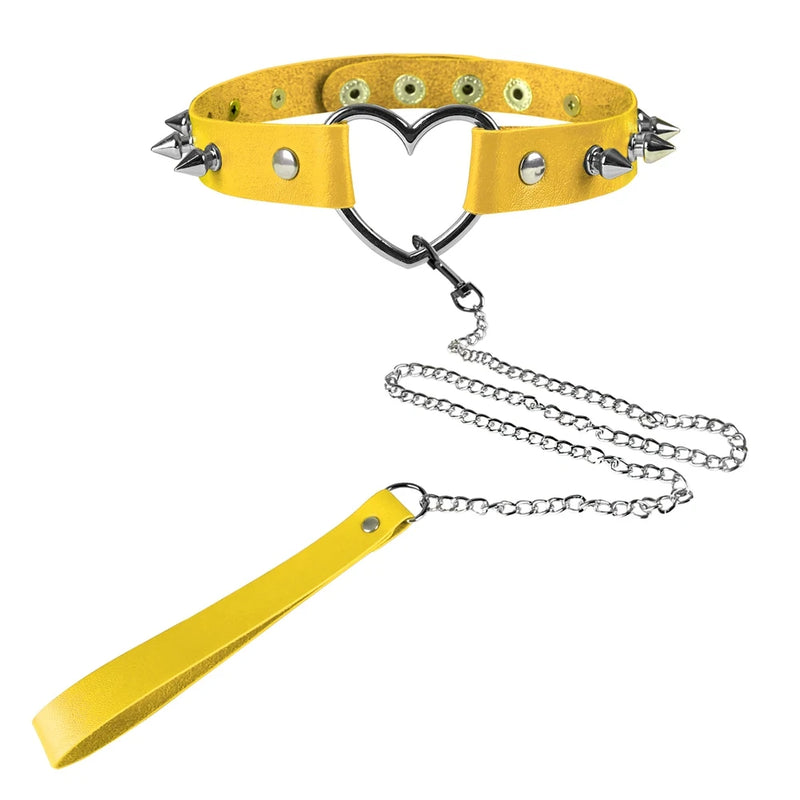 Punk Gothic Collar Leash Heart Rivet BDSM Bondage
