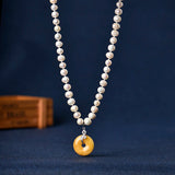 Orange Yellow Copper Coin Pendant & Milk Yellow Pearl Necklace