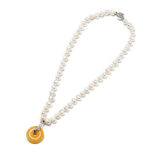 Orange Yellow Copper Coin Pendant & Milk Yellow Pearl Necklace