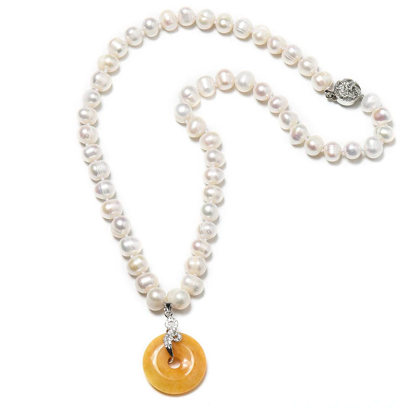 Orange Yellow Copper Coin Pendant & Milk Yellow Pearl Necklace