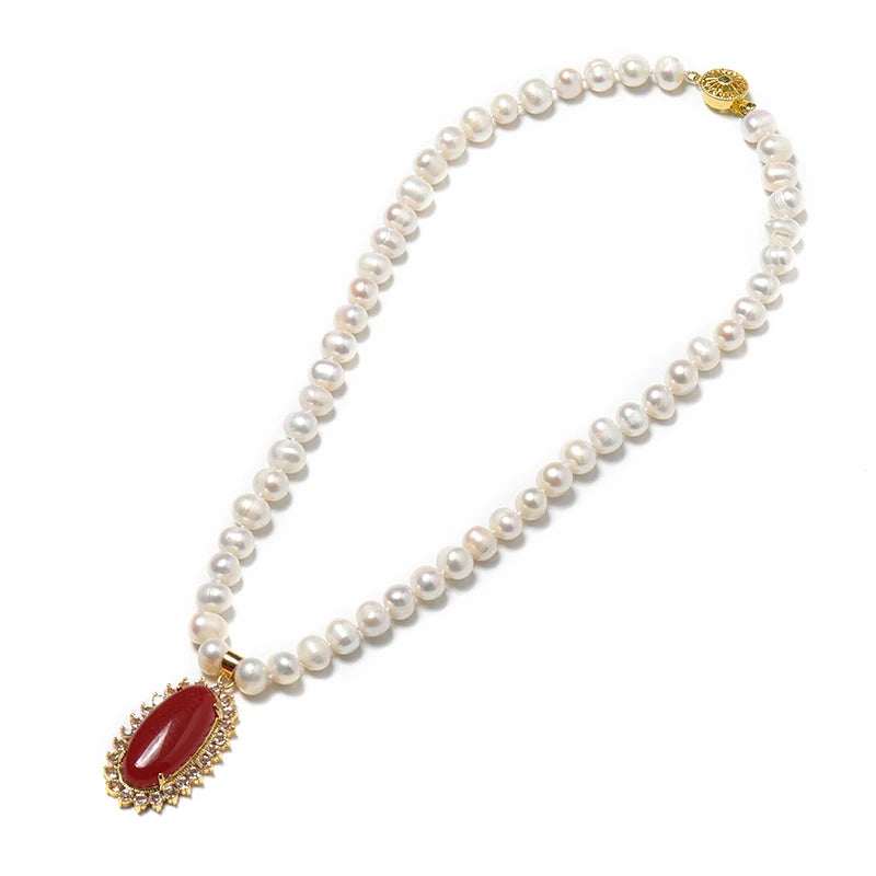 Saffron Oval Pendant with Pearls Necklace