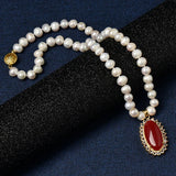 Saffron Oval Pendant with Pearls Necklace