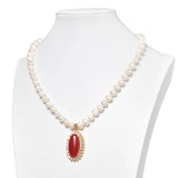 Saffron Oval Pendant with Pearls Necklace