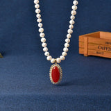Saffron Oval Pendant with Pearls Necklace