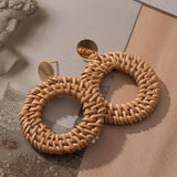 Hawaii Woman Geometric Rattan Weave Earrings Round Hexagon Drop Dangle Party