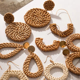 Hawaii Woman Geometric Rattan Weave Earrings Round Hexagon Drop Dangle Party