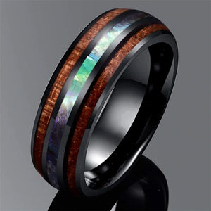 Hawaiian Koa Wood Tungsten Ring Abalone Shell Unisex Men Women