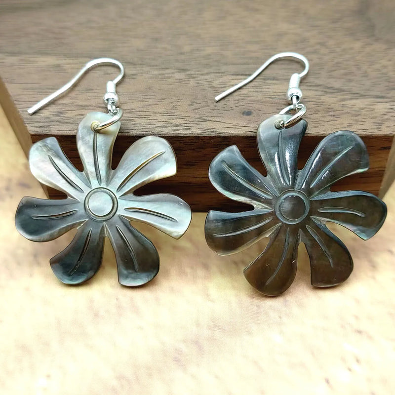 Hawaiian Natural Mother of Pearl Shell Tiare Carved Flower Earrings