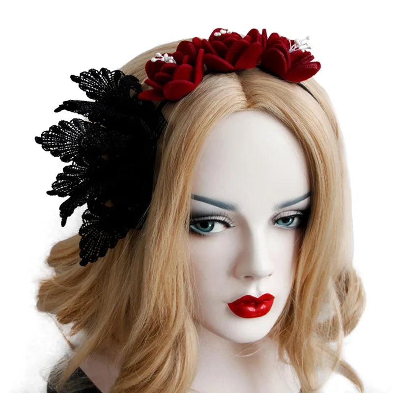 Gothic Style Flower Crown Headband Red Rose Lace Hair Accessory