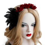 Gothic Style Flower Crown Headband Red Rose Lace Hair Accessory