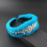 Mink Hair Rhinestone Flower Headband Winter Hair Clip
