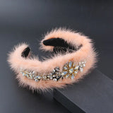 Mink Hair Rhinestone Flower Headband Winter Hair Clip